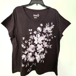 Black Floral Hanes Soft Graphic Tee Shirt Size XXL